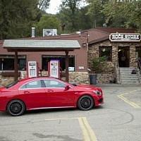 Red 2014 Mercedes CLA AMG Mulholland Highway Rock Store Los Angeles