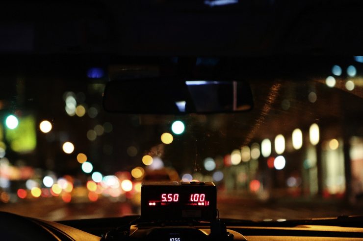 Taxi meter in a cab at night