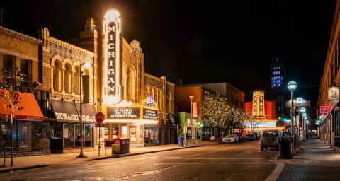 Michigan white and brown concrete building during nighttime