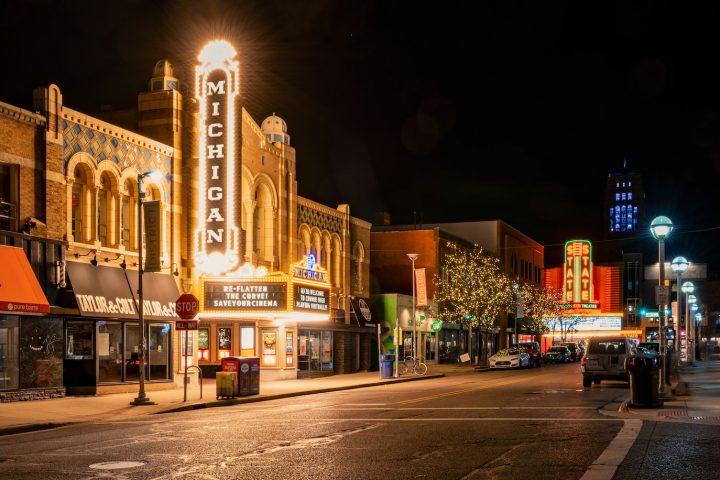 Michigan white and brown concrete building during nighttime