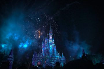 Walt Disney crystal castle with fireworks at night