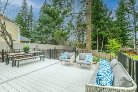 your home backyard deck white wooden bench on wooden deck