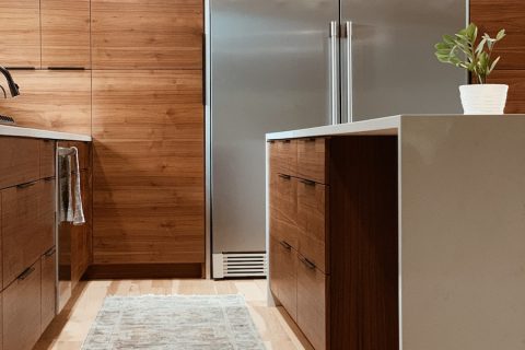 refrigerator brown and white wooden kitchen cabinet