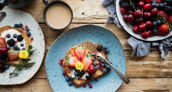 new restaurant Brunch fruit sandwich on a blue ceramic plate