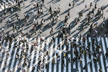Vision Zero pedestrian aerial view of people walking on raod