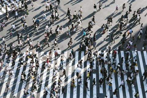 pedestrian aerial view of people walking on raod