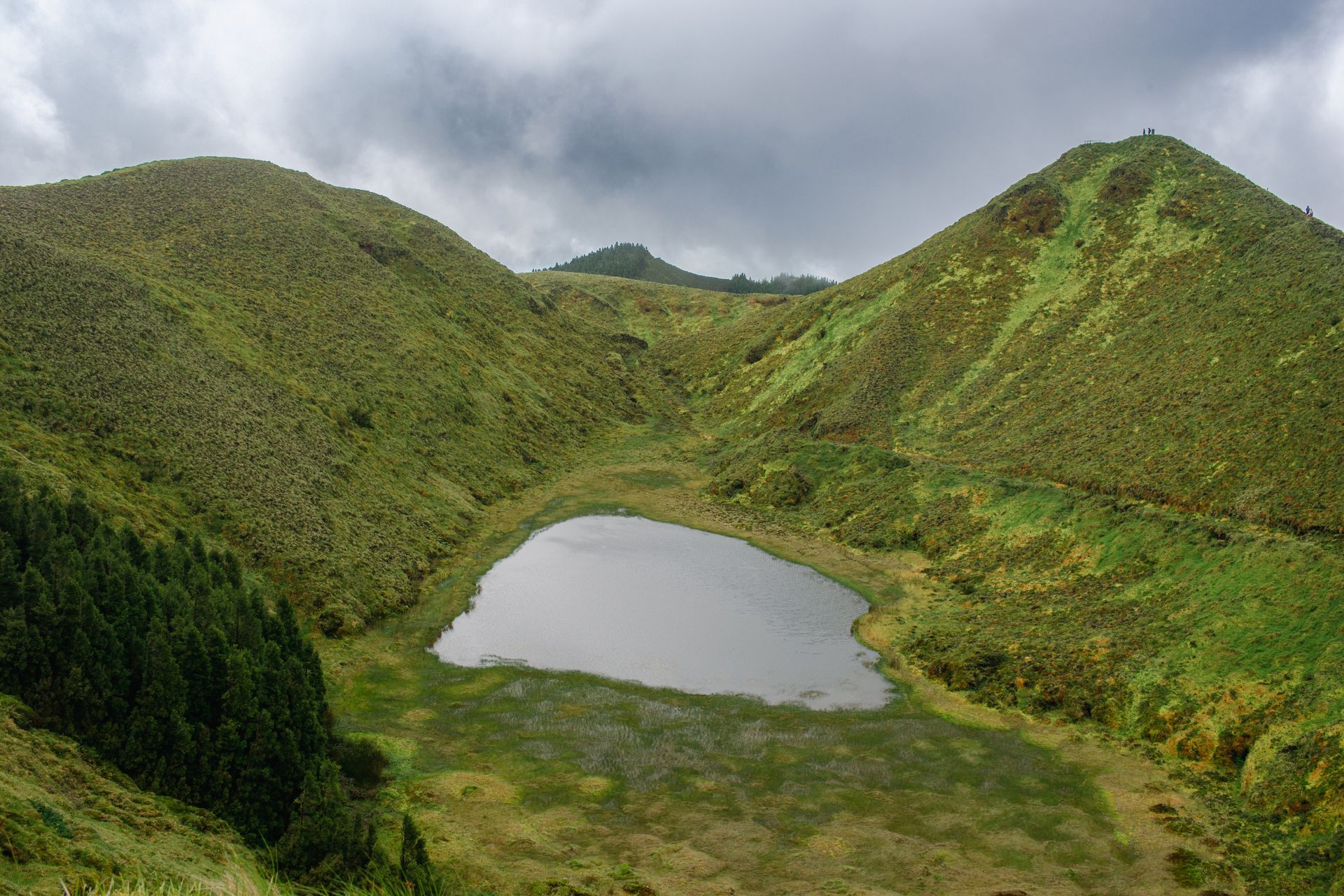 Lush green crater lake landscape on Sao Miguel Island in the Azores