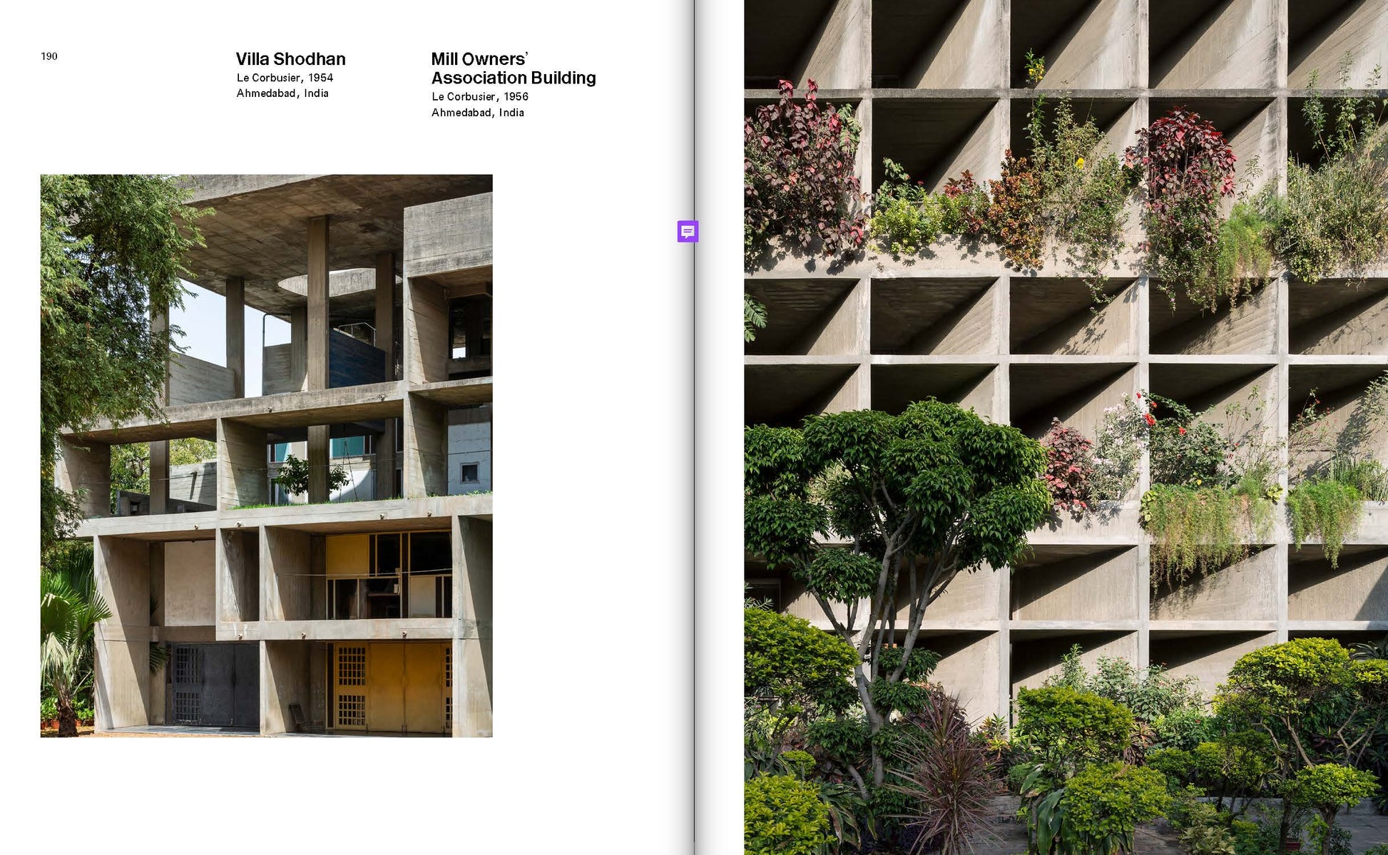 Brutalist Asia book spread showing Le Corbusier's Villa Shodhan and Mill Owners' Association Building in Ahmedabad, India, with concrete grids softened by planting