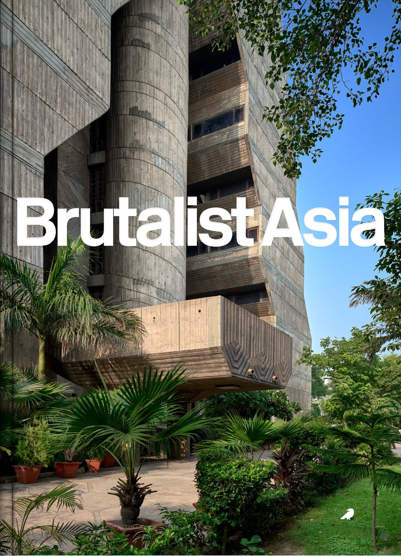 Cover of the Brutalist Asia book by Blue Crow Media, showing a board-marked concrete tower surrounded by palms and tropical planting