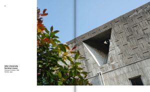 Brutalist Asia book spread showing Takamasa Yoshizaka's Inter-University Seminar House in Hachioji, Japan, a 1965 brutalist concrete building
