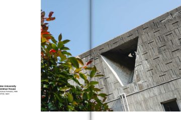 Brutalist Asia book spread showing Takamasa Yoshizaka's Inter-University Seminar House in Hachioji, Japan, a 1965 brutalist concrete building