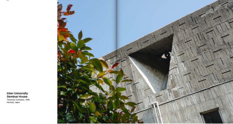 Brutalist Asia book spread showing Takamasa Yoshizaka's Inter-University Seminar House in Hachioji, Japan, a 1965 brutalist concrete building