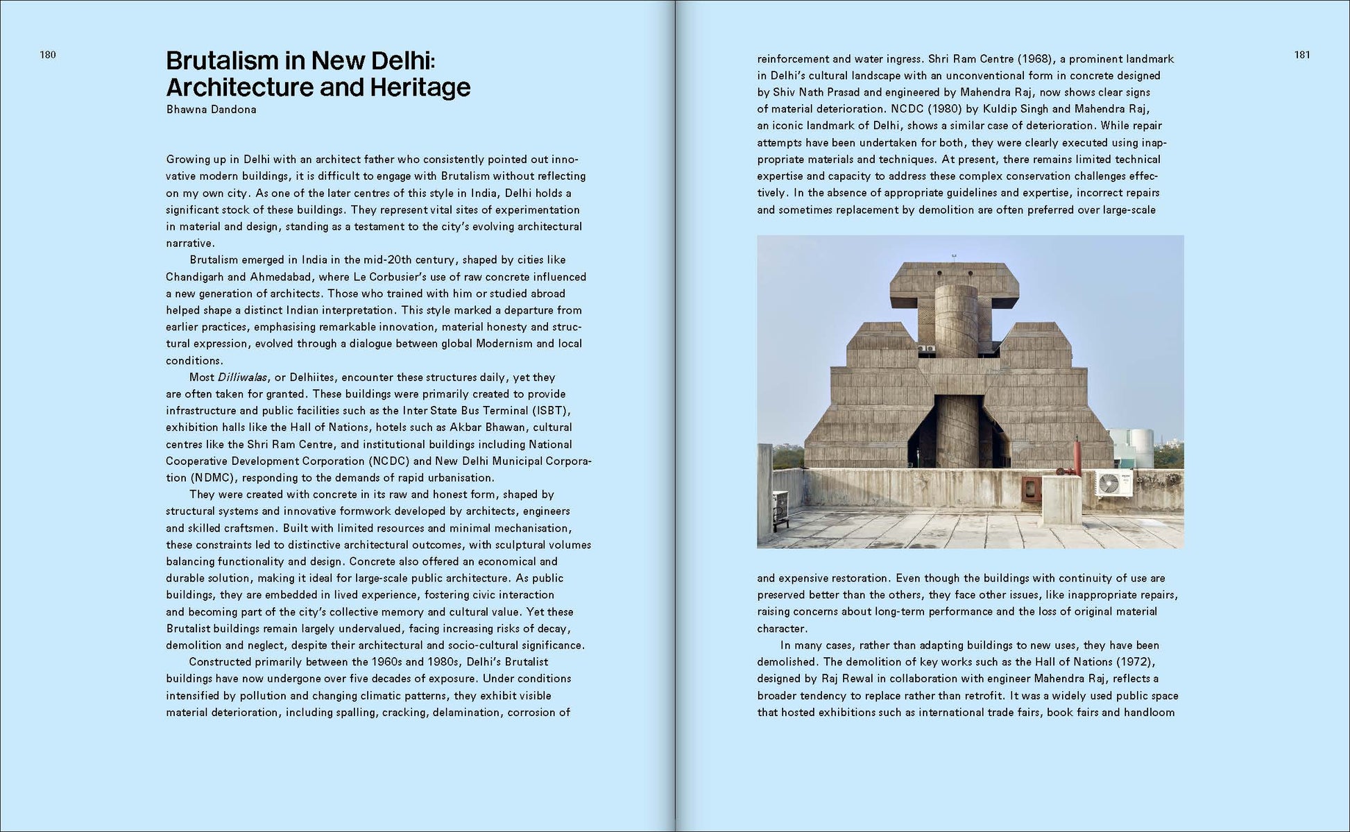 Brutalist Asia book spread showing Bhawna Dandona's essay Brutalism in New Delhi: Architecture and Heritage, with a photograph of a stepped concrete building